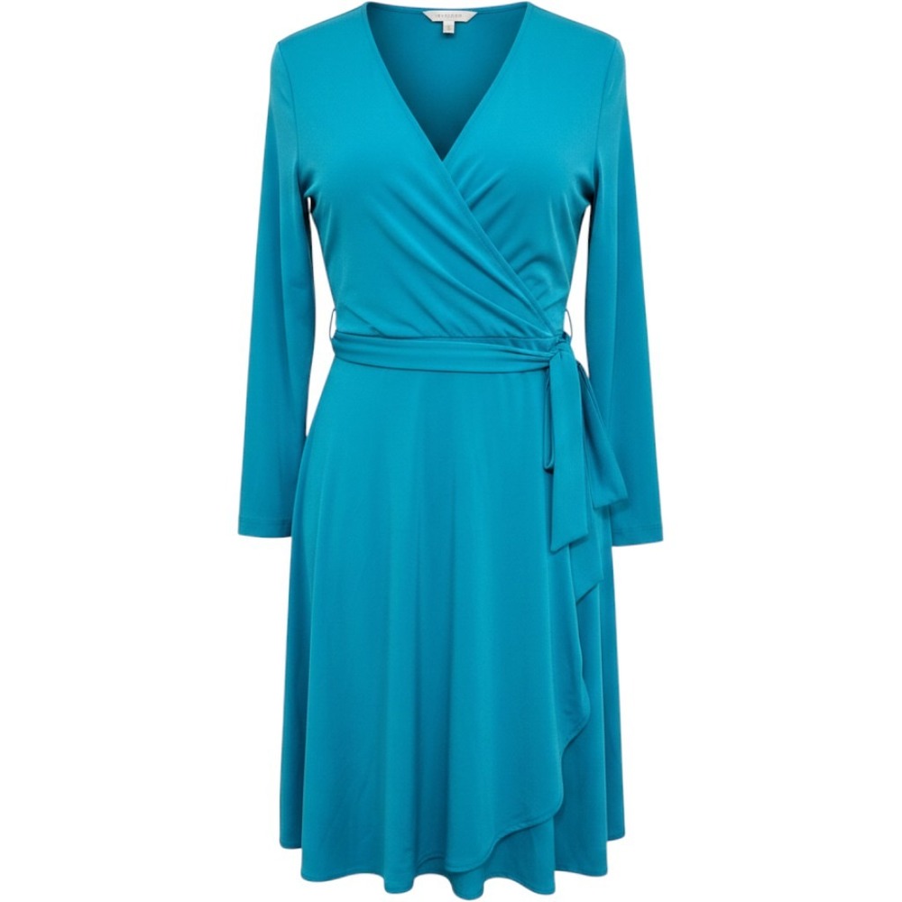 New Minimalist Vicky Tiel Teal Blue Long Sleeve Faux Wrap Midi Dress Size L